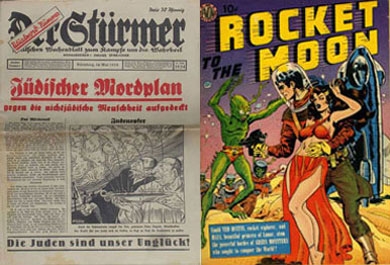 Eine Ausgabe des Stürmers von 1934, http://www.calvin.edu/academic/cas/gpa/ und ein Umschlagbild des Comicbuches Rocket to the Moon, Avon Periodicals, NY 1951